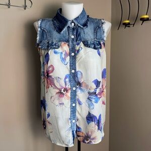 Papillion Sleeveless Denim Yoke Sheer Button‎ Up Floral Top Size Small Festival
